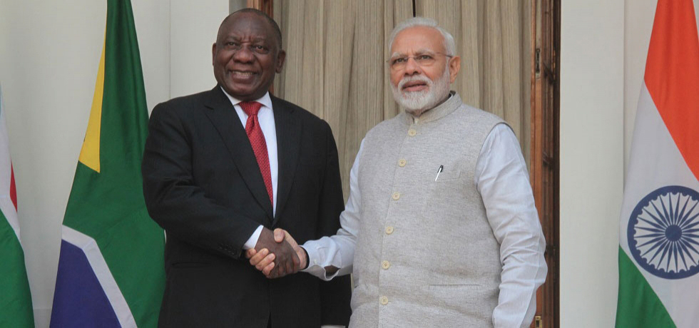 Prime Minister Narendra Modi receiving President Cyril Ramaphosa at  Hyderabad House, New Delhi for official engagement.